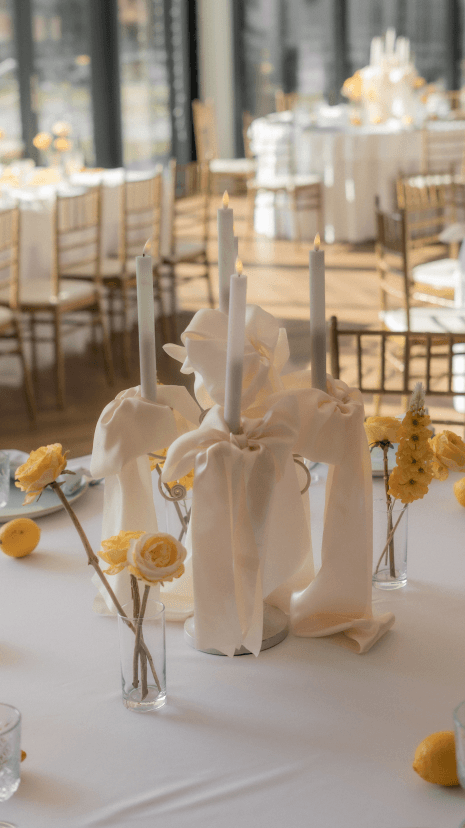 Nowoczesna dekoracja stołu weselnego z żółtymi kwiatami i świecami – styl lemon wedding, Przemyśl, Podkarpacie